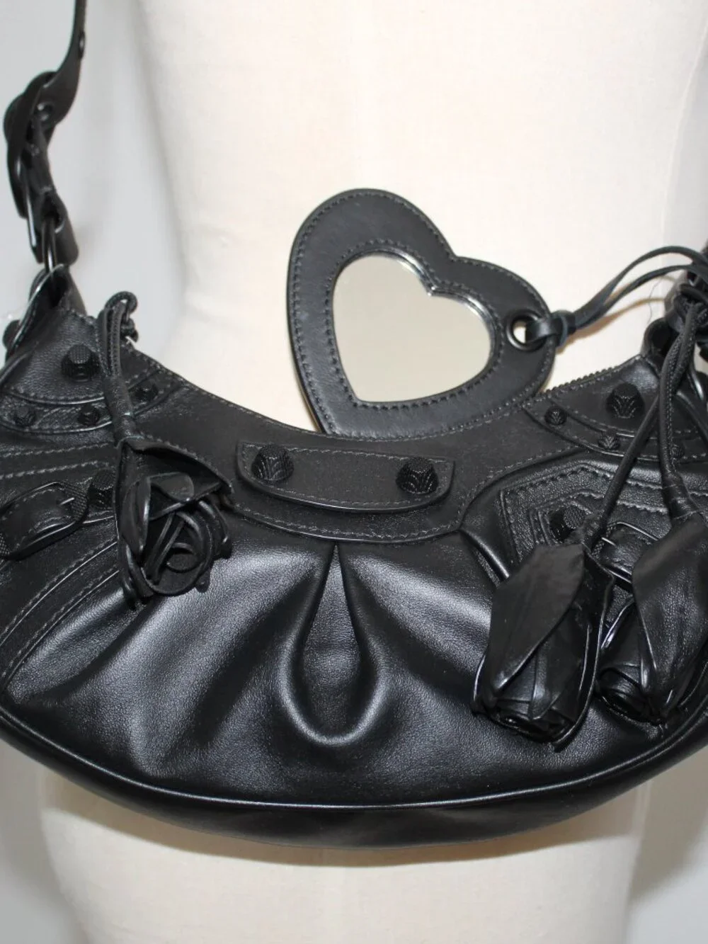 NEW Balenciaga Black Leather Le Cagole Rose Shoulder Bag Crossbody with Mirror